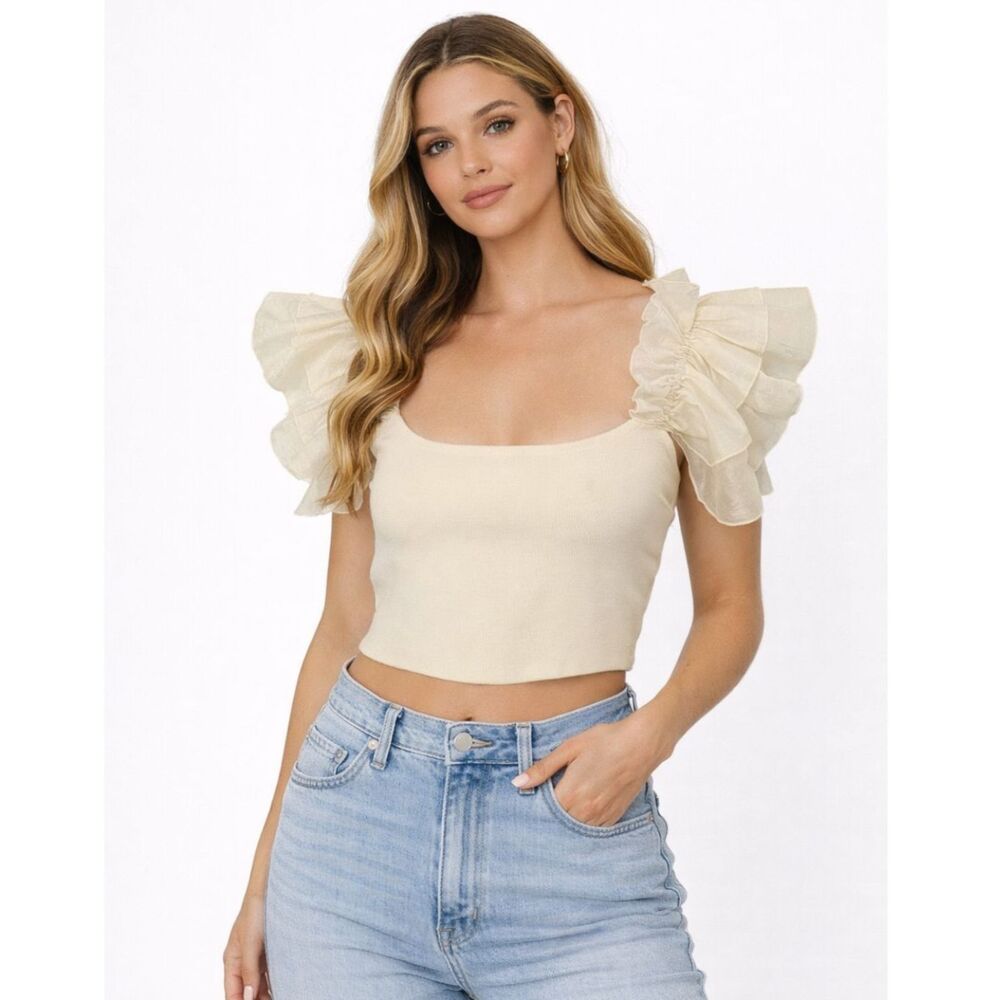 Anthropologie Mable Puff Sleeve Ruffle Cropped Top Cream Size Small